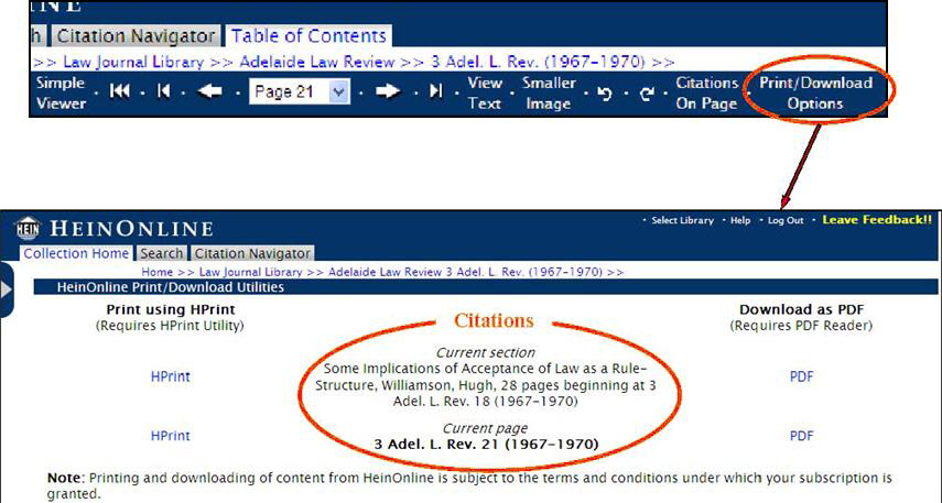 Image of Advanced Page Viewer Options, Highlighting Print/download Options. Image of Print/Download Options Utilities screen, covering Print using HPrint and Download as PDF.