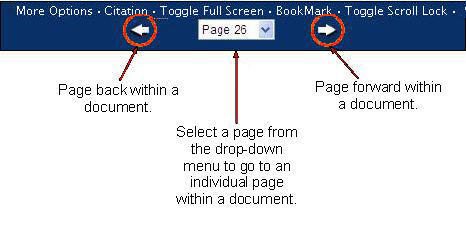 Image of Simple Page Viewer navigation controls. Caption: Navigating a document in HeinOnline is achieved in the following way. Select the arrow at the left-side of the Simple Page Viewer to page back within a document. Select the arrow at the right-side of the simple page viewer to page forward in a document. Use the drop-down menu in the center of the Simple Page Viewer to select and go to an individual page within a document.
