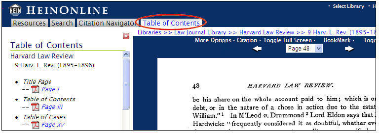 Image of Tabbed Navigation Bar Feature: Table of Contents